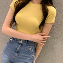 봄원피스 한국 세련된 여름 심플 라운드 넥 풀오버 캔디 컬러 슬리밍 스트레치 슬림 반팔 티셔츠 탑 여성