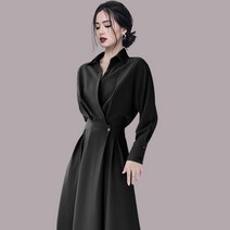 ANYOU 고급 원피스 가을 긴 소매 프랑스식 원피스 폴리에스터 스타일 슬림핏 카라원피스