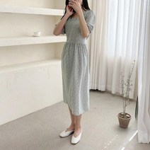 여자 하객룩 퍼프 반소매 스트랩 프린팅 롱 원피스