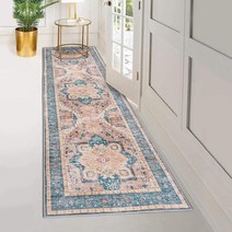 Green Decore Vernal Peoria 세탁기 사용 가능 빠짐 방지 미끄럼 러너 러그 거실 침실 식당 복도 주방 반려동물 친화적 틸/크림/오렌지 6인치 x 2.4m(2피트, Teal/Cream/Orange