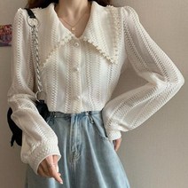 카라큰 아이보리 블라우스 진주단추 자수패턴 예쁜옷(luke)