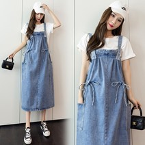 런메시 Runmecy 여름 루즈핏 데님 멜빵 원피스 롱 청 원피스