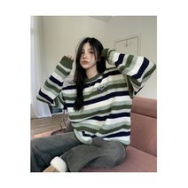 가을 니트 데일리룩 그라데이션 그린 스웨터 여 풀오버 학원풍 캐주얼 긴팔 상의 러시