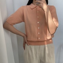 뜨개진 여성용 버튼 카라 반팔 니트