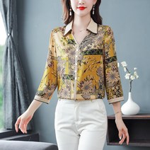 초가을 9부 소매 새틴 상의 여성 패션 칼라 실크 블라우스 빅 사이즈 엄마옷
