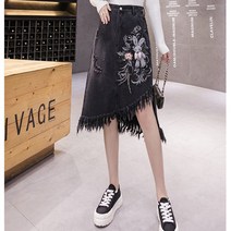 YI MING 여자 청스커트 블랙 언발 수술 꽃 자수 데님 스커트 빅사이즈 루즈핏 A라인 스커트 F262