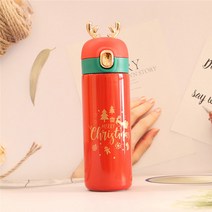 크리스마스 사슴뿔 텀블러 450ml 원터치 보온보냉병 스텐 프리미엄 크리스마스 최신상 새해 분위기 엘크 캐릭터 물병 휴대용 남녀공용 선물용, 빨간색 크리스마스 사슴뿔