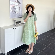 배색 빅사이즈 반팔 플라워 원피스