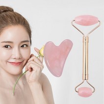 천연 장미석 얼굴 경락 지압 림프 순환 괄사 마사지 도구 페이스 바디 마사지기 세트 핑크, 하트+날개+롤러스톤