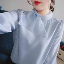 꽃소담 여자 봄가을 오겐사 리본 긴팔 블라우스 정장셔츠 QQA2006