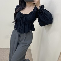 VANANA2 여성 하트 라운드 스퀘어넥 긴팔 프릴 밴딩 플레어 오프숄더 투웨이 블라우스