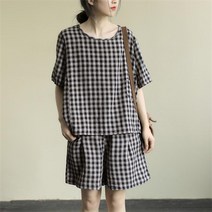 SJW 여름 여성 체크 린넨 반팔 티셔츠 루즈핏 허리밴딩 반바지 숏팬츠 상하의 세트 투피스