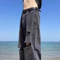 kirahosi 키라호시 힙합 스트리트 패션 레트로 아빠 바지 무릎 구멍 캐주얼 스트레이트 청바지 남성 느슨한 넓은 다리 바지 DH9201