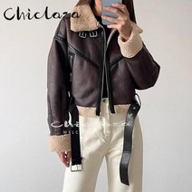 가죽 자켓 롱 셔츠형 바이크 Chiclaza winter women short with belt 따뜻한 가죽 자켓 코트 여성 캐주얼 긴 소매 두꺼운 바이커