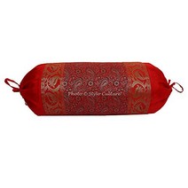 Stylo Culture Ethnic Polydupion Cylindrical Yoga Bolster Pillow Cover Red Jacquard Brocade Border Pa, 76x38 cm, Red & Gold