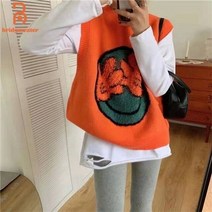 반집업 맨투맨 브이넥 Bridgewater 웃는 얼굴 인쇄 봄 스타일 옷 느슨한 다목적 라운드 넥 밝은 민소매 조끼 여성 새로운