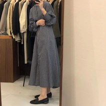 트루픽 여성 벌룬 체크원피스 루즈핏 유니크 헨리넥 셔츠 롱 원피스