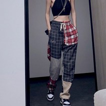 간지나는댄스걸 조거팬츠 방송댄스복스플라이싱 격자 무늬 캐주얼 바지 스트레이트 루즈핏 남성용 여성용