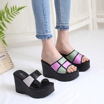 (국내제작)프리티슈 에나멜 패턴무늬 여성 키높이 통굽 발편한 사무실 뮬 슬리퍼 (10cm)