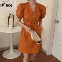 주황 코랄 오렌지색 V넥 셔링 주름 퍼프 슬리브 반팔 A라인 숏 원피스 ops