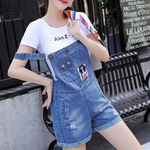 100517C 여성 선글라스 프린팅 스크래치 데님 멜빵 반바지