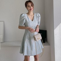하늘색 브이넥 퍼프 여름트위드원피스 혼주 40대 7월하객룩 키작녀 세미정장