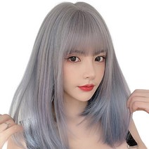 하이유니 헤이즈블루 레이어드 컷 헤어 단발 통가발 가발 45cm + 가발망 + 거치대 세트, 애쉬그레이+헤이즈블루 / 45cm