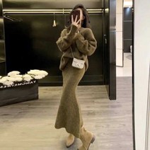 가을 겨울 브이넥니트투피스 하객룩 와이드 롱스커트 캐주얼 SET