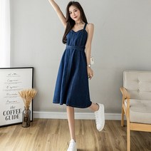 청데님원피스브이넥원피스멜빵데님 신축성 허리 밴드 데님 드레스 여성 레저 패션 대학 스타일 봄 여름