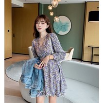르뚜앙 리리스 플라워 꽃무늬 키작녀원피스 보라색 가을 쉬폰 미니 원피스 키작은여자쇼핑몰