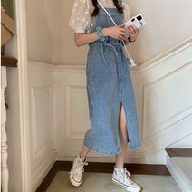 드레스허그 썸머 연청 데님 멜빵 원피스