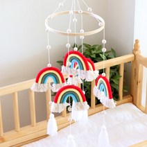 헬로디노 신생아 모빌 아기 침대 원목 모빌거치대, 무지개 마크라메