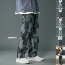 남성청바지 트렌드 심플한 남성 캐주얼 격자 무늬 청바지 스트리트웨어 자수 데님 바지 남성 루즈 스트레이트 클래식 와이드 레그 레트로 바지
