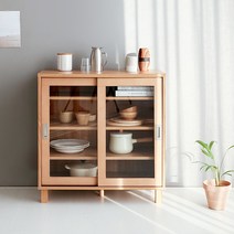 마켓비 SHOLID 2문 슬라이딩 원목 수납장 / 빈티지 주방 그릇장 우드쇼케이스, 캄포어베니어