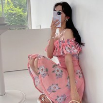 셀러허브(잡화) 여자 끈나시 볼드숄더 왕꽃 플라워 A라인 피서 원피스