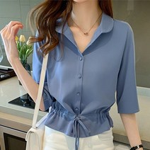 여름 여성 올 매치 솔리드 턴 다운 칼라 하프 슬리브 시폰 셔츠 패션 캐주얼 셔링 싱글 브레스트 블라우스 여성