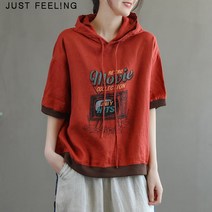 JUST FEEL!NG 여성 맨투맨 면 반팔 후드 티셔츠 빈티지 프린팅 배색 카라 루즈빗 빅사이즈 여름 데일리 티셔츠