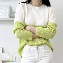화사한 여성 봄가을 투톤믹스 라운드 니트티 캐주얼 여성니트티 모던 심플