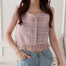 수술 트위드베스트 여성 여름조끼 체크 숏 크롭 뷔스티에