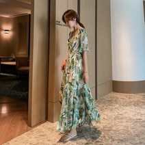 호캉스 아보카도 그린 드레스 2xl 까지 여성 쉬폰 긴 치마 여름 휴가 허니문 바캉스