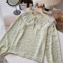 빅카라 블라우스 남행선옷 프릴 빅사이즈 블라우스셔츠 빅 카라 둥근카라 빈티지 플로랄 셔츠 여성 달콤한 귀여운 롱팔 레이스 일본 카와이 탑 의류