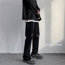 블랙데님바지 바지남자 슬림 스키니 가을 트렌드 고가 VIBE 무드 스트릿 트임 아메카지스타일 데미지팬츠 2919049692