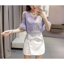 여름 플레어 소매 펀칭 브이넥 오프숄더 블라우스 반팔 테리아이 C23 A590J196