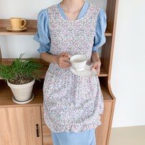 쉬폰주름앞치마 어린이집 보육교사 선생님 여름프릴앞치마 장금이 원피스앞치마 시원한꽃무늬, 02      라일락  화이트