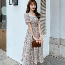 HOTLUX 스퀘어넥원피스 동남아원피스 휴양지룩 쉬폰 반팔 원피스 D244