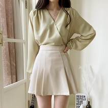 여자 랩스타일 브이넥 긴팔 벌룬 노랑 블라우스