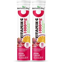 Natures Key 비타민 C 1000mg 20가지 이상의 허브 ampamp 미네랄 면역 지원 발포성 정제 A E 아연 셀레늄 에키네시아 생강 혼합 과일 36개, [04] 18개(4개 팩), [02] 주황색