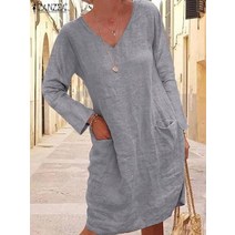 ZANZEA Solid Color Women Dress Autumn Full Sleeve V-Neck Cotton Baggy Sundress Female Fashion Casual, 02 GRAY