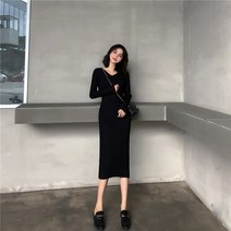 [당일배송] Tamina 니트원피스 브이넥 긴팔 슬림 A라인 스커트