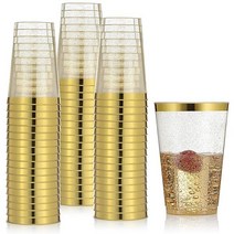 CHATEAU FINE TABLEWARE 341078 금테가 달린 금 플라스틱 컵 14온스 반짝이 프리미엄 일회용 파티 우아 품격 있는 튼튼한 결혼식 생일 기념일 기타 사교 행사